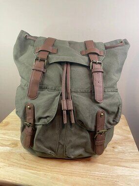 Mossimo Supply Co Olive Green Canvas Backpack Faux Leather Drawstring Bookbag